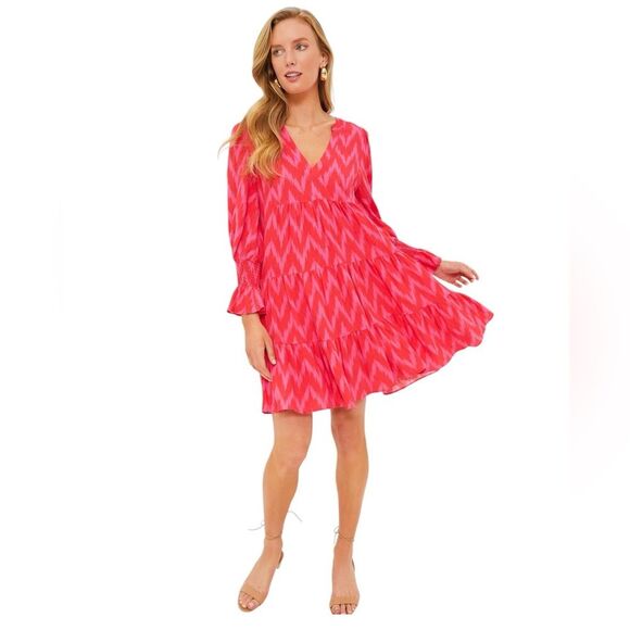 POMANDER PLACE Hot Pink Ikat Kenzo Babydoll Tiered Dress Size S - Picture 1 of 11